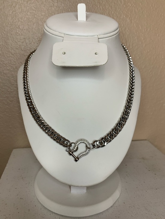 WESTERN Chunky Silver Cuban Chain Necklace Silver Rhinestone Horseshoe Pendant - Picture 2 of 4